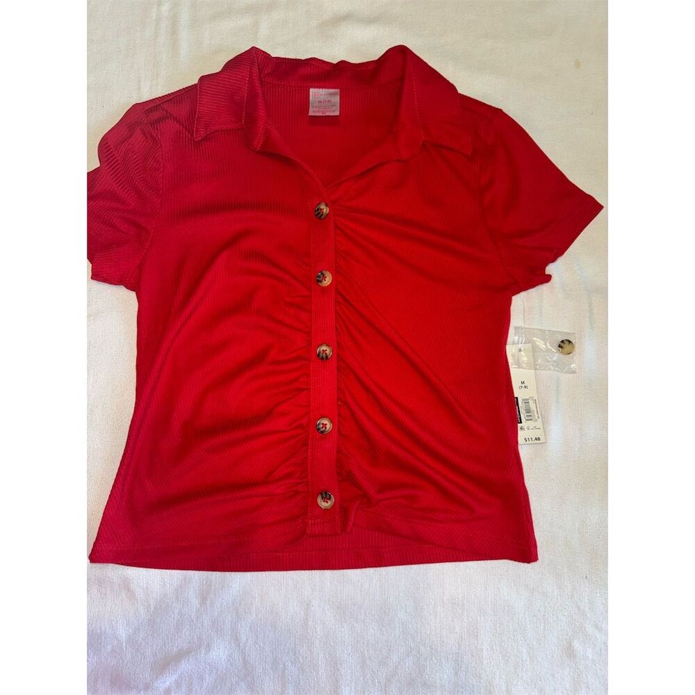 No Boundaries Red Ruched Front Ribbed Button-Up Short Sleeve Shirt Size M
